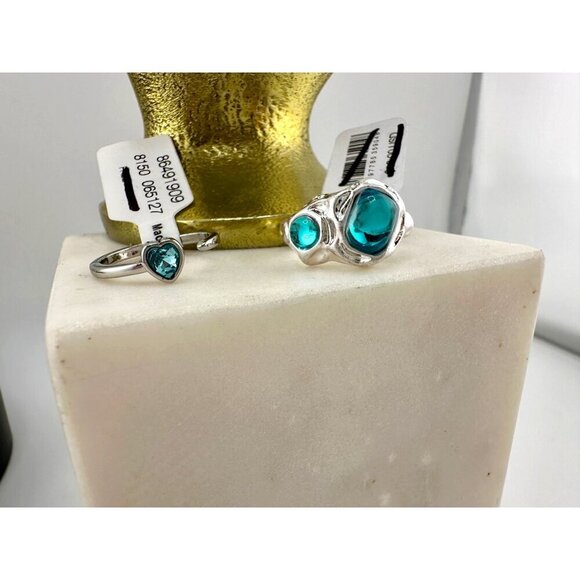 Free People Silver & Blue Stone Rings Set Of 2 Size 6 & 8 Unique Design - Picture 3 of 7